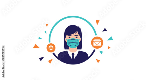 Woman wearing a face mask surrounded by abstract shapes and icons representing communication and finance.