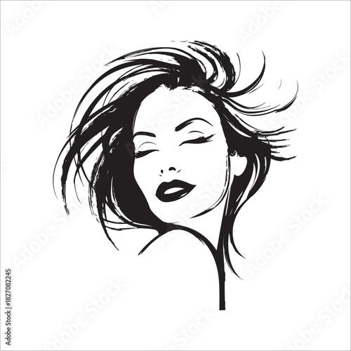 Expressive black and white sketch of a woman face with flowing hair and bold lipstick vector