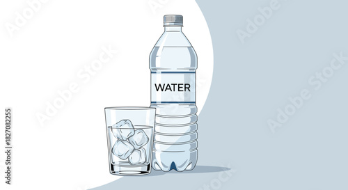 Clear plastic bottle of water and a glass filled with ice cubes and water.