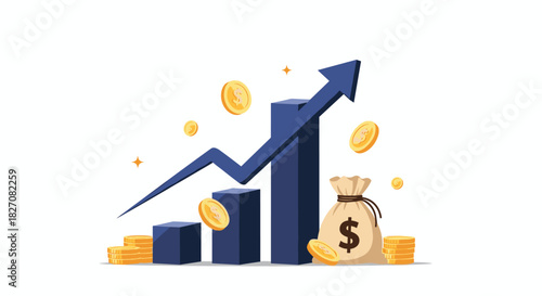 Financial growth depicted with a rising bar chart, blue arrow, gold coins, and a money bag.