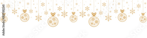 Minimal gold line art Christmas background with hanging baubles decorated with snowflake patterns on white, ideal for festive banners, greeting cards, invitations, website headers and seasonal adverti