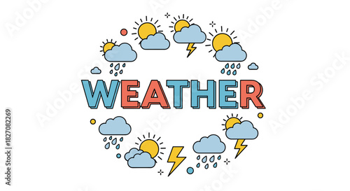 Graphic illustration of the word weather surrounded by weather icons and symbols.