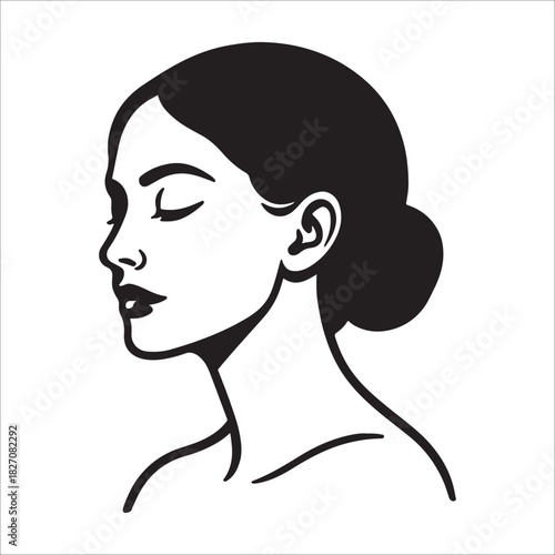 Minimalist black and white line art portrait of a woman with eyes closed silhouette vector