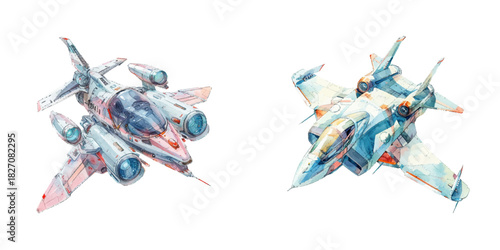 futuristic aircraft watercolor vector illustration