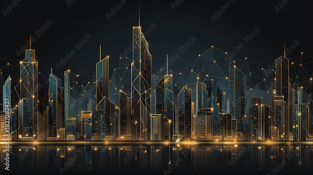 Obraz premium Smart digital Innovation city with connection network reciprocity over the city of future smart wireless digital city and social media networking systems