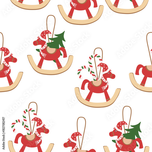 Seamless pattern of tree decorations and red horses on a white background.Vector pattern for New Years designs,textiles and background.