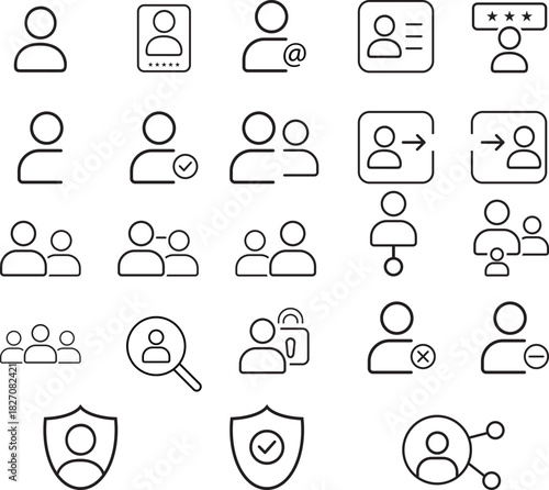 versatil collection of linear icons representing user profiles and account actions. Includes icons for profile, avatar, login, password, username, add friend, access, connect, and more. Designed in a 