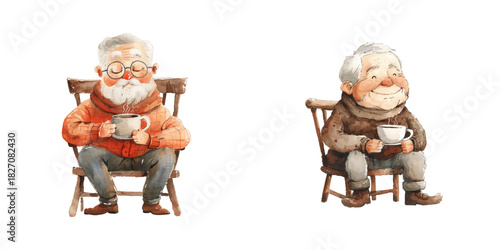 grandpa drink hot coffee watercolor vector illustration