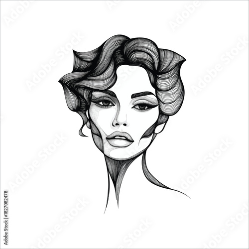 Elegant pen and ink sketch of a woman s face with dramatic hairstyle vector
