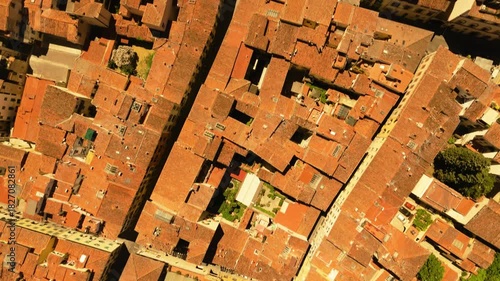 Bird's-eye view flight over the terracotta roofs of Florence