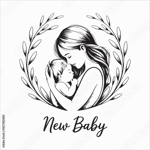 Mother holding her newborn baby tenderly within a floral wreath sketch art vector
