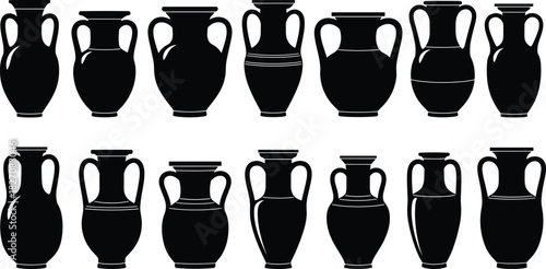 Ancient amphora vase silhouettes, classic Greek pottery collection, antique ceramic jars, historical archaeology illustration set, black decorative container icons design