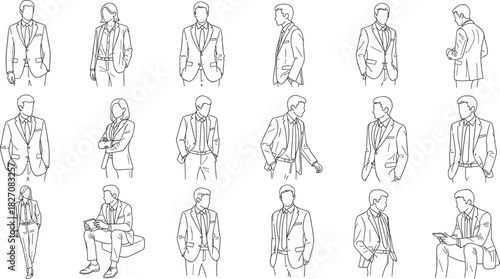 Business professionals, line art illustration, corporate fashion poses, formal suit collection, modern office characters, hand drawn sketch silhouettes set bundle