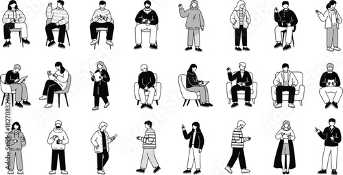 Casual seated and standing people illustration set, modern minimal style, reading, typing, writing, relaxing, everyday character collection silhouettes