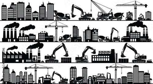 Construction industry city skyline, heavy machinery silhouettes, industrial factory production, urban building development, cranes and excavators illustration