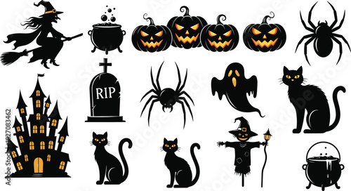 Halloween spooky icons, witch, pumpkins, black cats, ghosts, spiders, haunted house, grave and cauldron vector illustration for holiday design