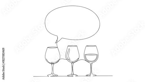 One continuous line art illustration of wine glasses connected with speech bubble for design 6
