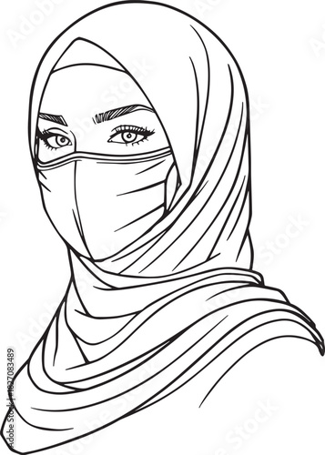 Fashion portrait of a beautiful woman face vector illustration with hair, eyes, lips, and glamour style line art drawing