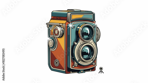 Illustration of a vintage twin lens reflex camera with a small tripod on a white background