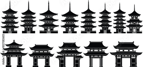 Japanese pagoda and traditional temple gate silhouettes, Asian architecture vector illustration, cultural heritage design elements for travel and history graphics