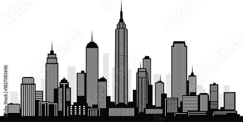 Modern city skyline silhouette illustration with skyscrapers, urban architecture, tall buildings, metropolitan landscape design for real estate and city planning graphics