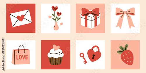 Vector clipart set of Valentines Day illustrations. Envelope, flowers in vase, gift box, bow, cupcake, heart lock and key, strawberry. Cute romantic posters. Cards, print, digital decoration.