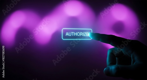 Finger Pushing Glowing 'Authorize' Button on Abstract Purple Background