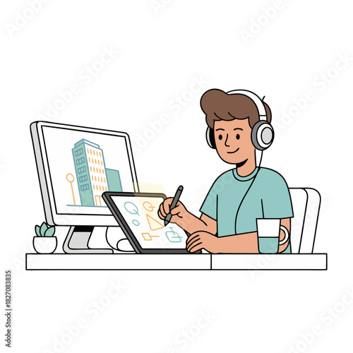 Creative Person Working On Digital Art Project At Standing Desk With Computer Monitor And Drawing Tablet Wearing Headphones And Casual Blue T Shirt