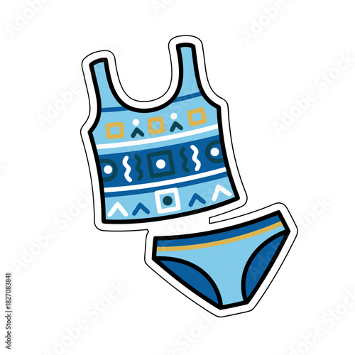 Blue Tankini Swimsuit With Geometric Patterns And Horizontal Zigzag Accents On A Plain Background