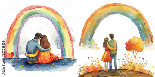 romantic couple enjoying the rainbow watercolor vector illustration