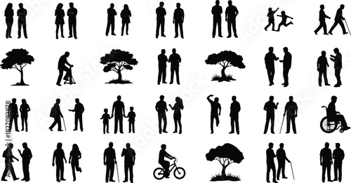 Silhouettes of people walking, talking, playing, biking, and interacting outdoors, diverse human activity vector illustration with trees and everyday life scenes