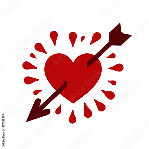 Bold Red Heart Pierced by Arrow Surrounded by Splattered Blood Drops Against a Stark Black Background Vector Art Minimalist Sticker Style
