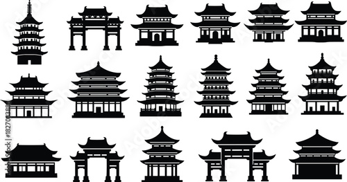 Traditional Asian temple silhouettes, Chinese pagoda architecture vector, cultural landmark icons, historic oriental building illustration, heritage shrine graphic set