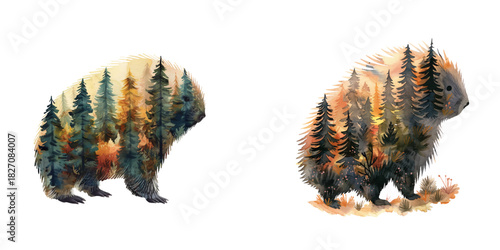 silhouette porcupine with forest scene inside watercolor vector illustration
