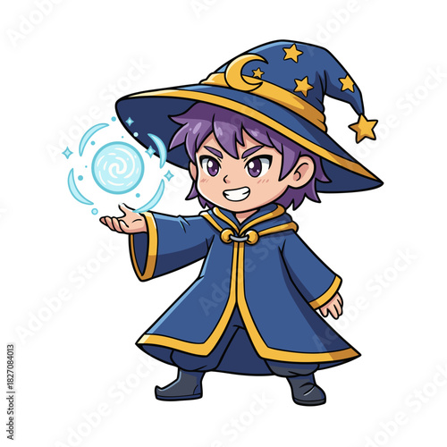 Charming Young Wizard Character Casting a Spell with Magical Energy Orb on Black Background Pixel Art Style Fantasy Illustration