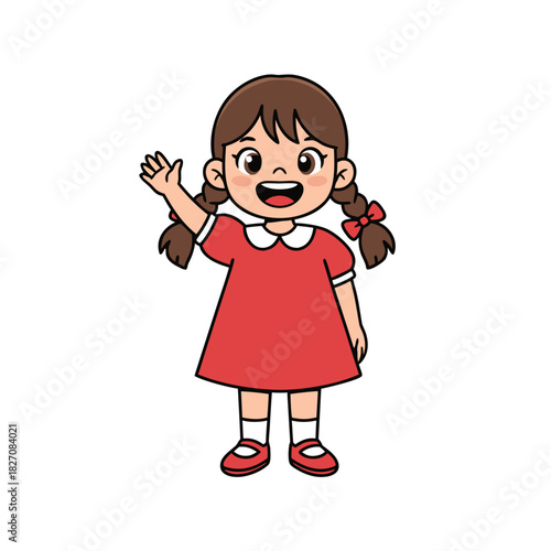 Cheerful cartoon girl in a red dress waving hello with braided hair and red shoes isolated on black background vibrant illustration of childhood innocence and joy