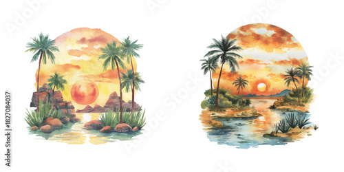 sunset over a desert oasis watercolor vector illustration
