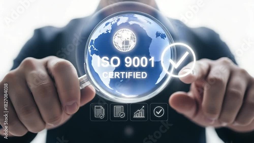 Businessman inspects iso 9001 certified quality management concept motion animated video 4k