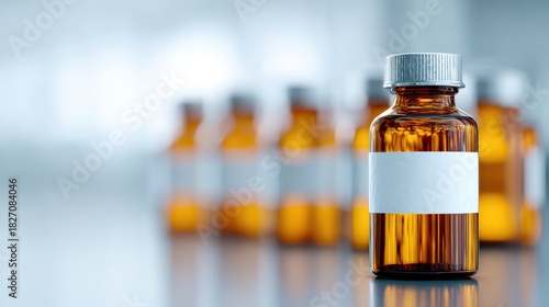 Amber glass bottle with blank label for medical or pharmaceutical use