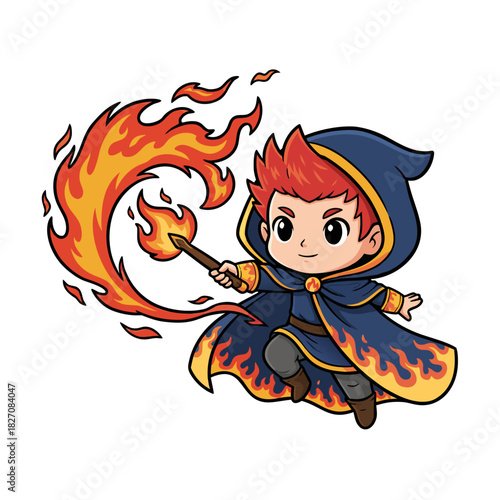 Chibi Fantasy Character A Young Male Mage With Fiery Magic And A Hooded Blue Robe Emitting Fire From His Wand On A Black Background Pixel Art Style