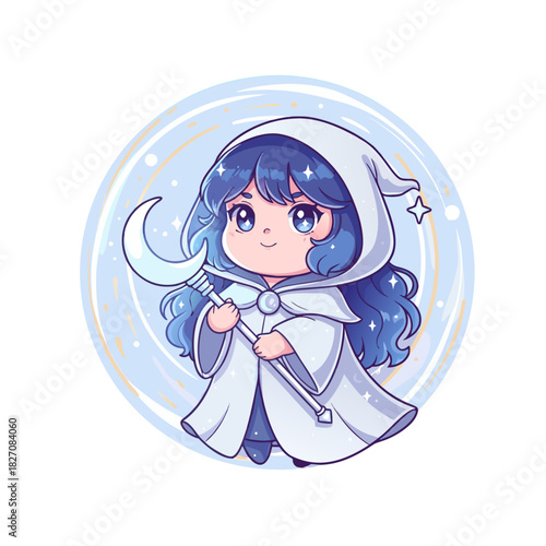Chibi Fantasy Wizard Girl With Blue Hair And Moon Staff Summoning Magical Portal In Cosmic Swirl Background Vector Illustration