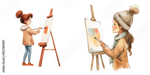 woman painting on canvas watercolor vector illustration