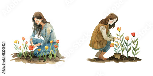 woman planting flowers watercolor vector illustration