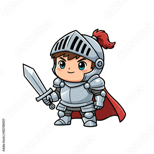 Chibi Style Knight Character in Full Silver Armor Holding a Sword and Red Cape Detailed Pixel Art