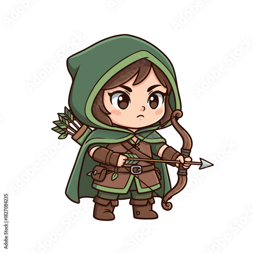 Chibi Style Warrior Child Archer Holding Bow and Arrow With Determined Expression Wearing Green Hooded Cloak and Leather Armor on Black Background Pixel Art Illustration