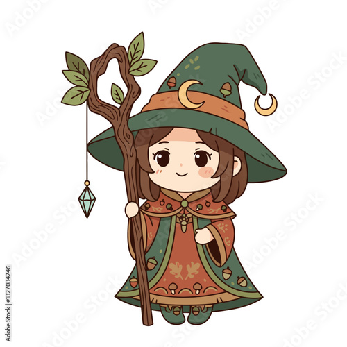 Chibi Style Witch Holding a Staff with Acorn Details on her Hat and Cloak and a Crescent Moon Emblem on her Hat