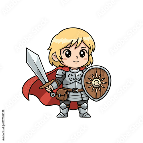 Chibi Style Warrior Knight Holding Sword and Shield with Red Cape and Silver Armor Against Black Background Soft Colors Detailed Pixel Art Fantasy Character Illustration