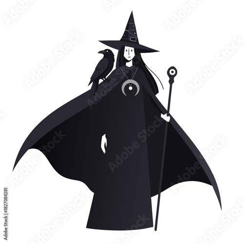 Chibi Witch With Spellbook Wand And Raven On Shoulder In Full Length Black Robe And Hat With Crescent Moon Necklace Standing And Smiling Mystical Magical Fantasy Character Art