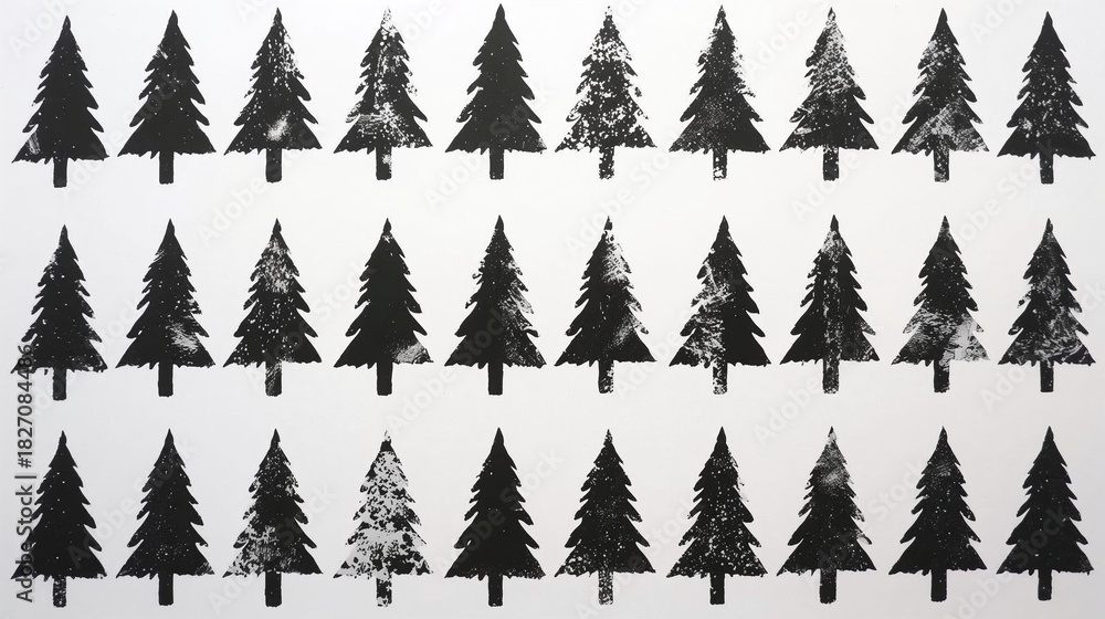 Obraz premium Ink stamp of Christmas trees on white textured paper
