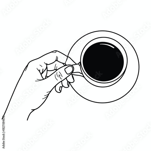 Hand holding a hot coffee cup viewed from above